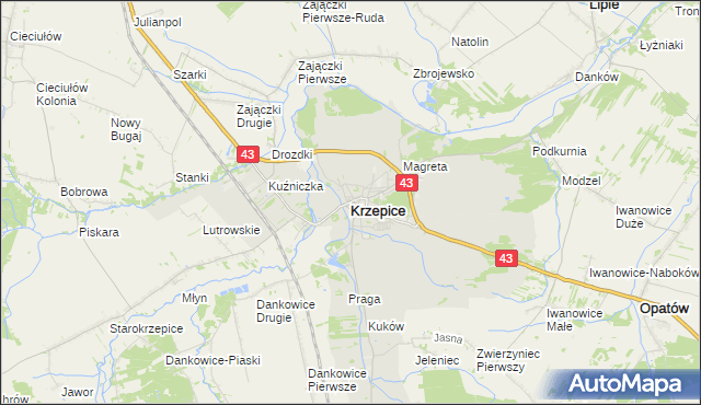 mapa Krzepice powiat kłobucki, Krzepice powiat kłobucki na mapie Targeo