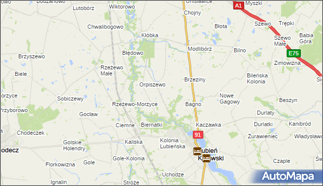 mapa Krzewie gmina Lubień Kujawski, Krzewie gmina Lubień Kujawski na mapie Targeo