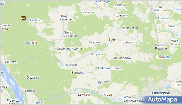 mapa Krzywda gmina Łaskarzew, Krzywda gmina Łaskarzew na mapie Targeo