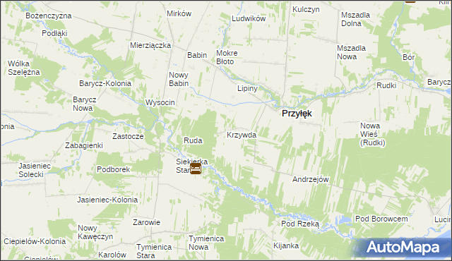 mapa Krzywda gmina Przyłęk, Krzywda gmina Przyłęk na mapie Targeo