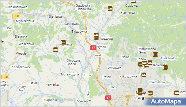 mapa Lasek gmina Nowy Targ, Lasek gmina Nowy Targ na mapie Targeo