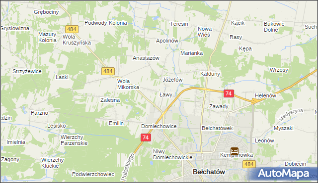 mapa Ławy gmina Bełchatów, Ławy gmina Bełchatów na mapie Targeo