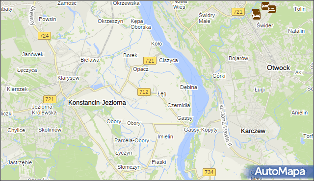 mapa Łęg gmina Konstancin-Jeziorna, Łęg gmina Konstancin-Jeziorna na mapie Targeo