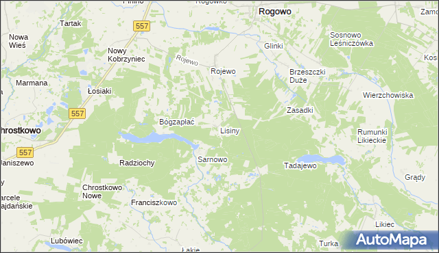 mapa Lisiny gmina Rogowo, Lisiny gmina Rogowo na mapie Targeo