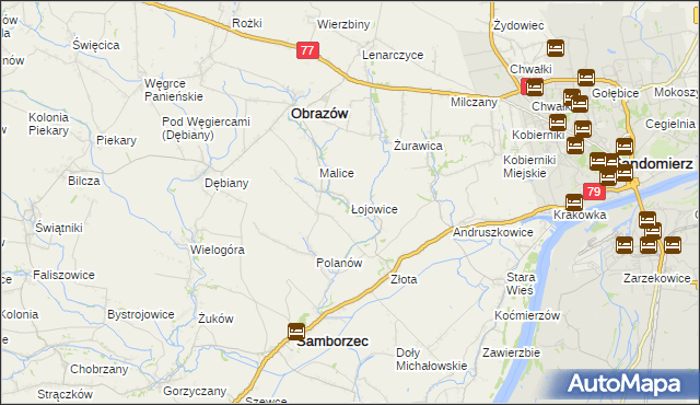 mapa Łojowice gmina Samborzec, Łojowice gmina Samborzec na mapie Targeo
