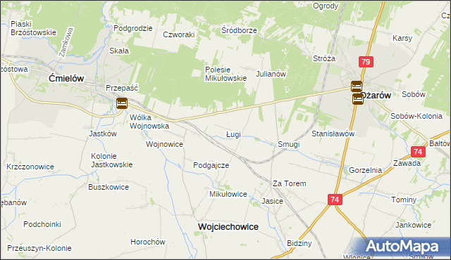 mapa Ługi gmina Wojciechowice, Ługi gmina Wojciechowice na mapie Targeo