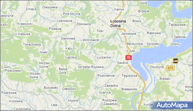 mapa Łyczanka gmina Łososina Dolna, Łyczanka gmina Łososina Dolna na mapie Targeo