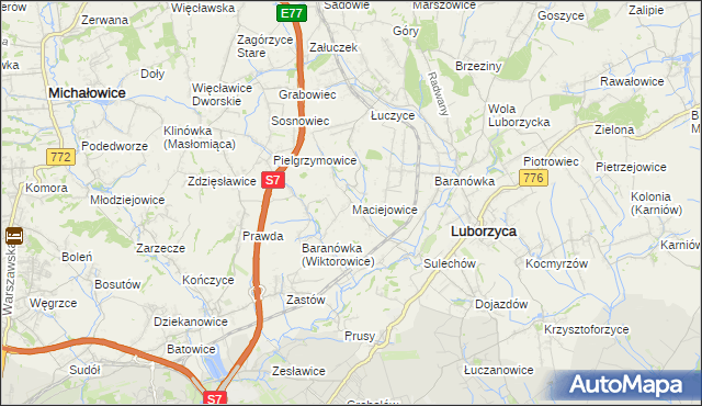 mapa Maciejowice gmina Kocmyrzów-Luborzyca, Maciejowice gmina Kocmyrzów-Luborzyca na mapie Targeo