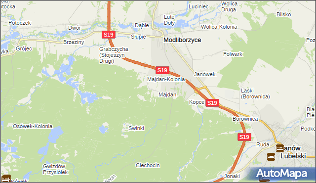 mapa Majdan gmina Modliborzyce, Majdan gmina Modliborzyce na mapie Targeo