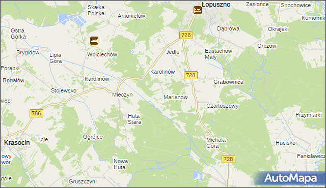 mapa Marianów gmina Łopuszno, Marianów gmina Łopuszno na mapie Targeo