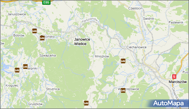 mapa Mniszków gmina Janowice Wielkie, Mniszków gmina Janowice Wielkie na mapie Targeo
