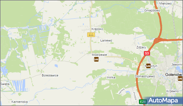 mapa Modrzewie gmina Goleniów, Modrzewie gmina Goleniów na mapie Targeo