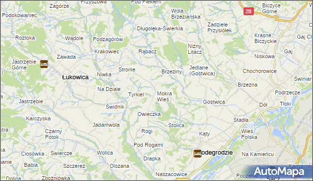 mapa Mokra Wieś gmina Podegrodzie, Mokra Wieś gmina Podegrodzie na mapie Targeo