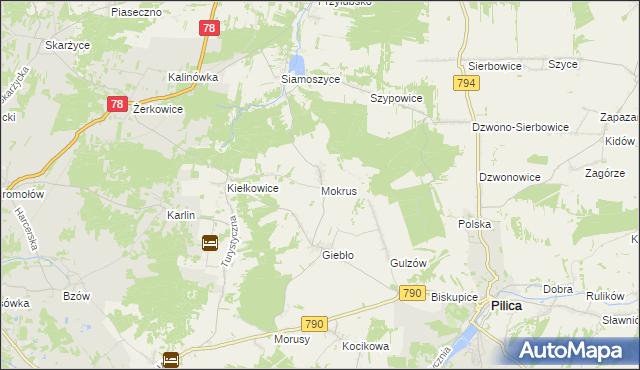 mapa Mokrus gmina Ogrodzieniec, Mokrus gmina Ogrodzieniec na mapie Targeo