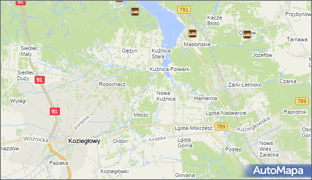 mapa Nowa Kuźnica gmina Koziegłowy, Nowa Kuźnica gmina Koziegłowy na mapie Targeo