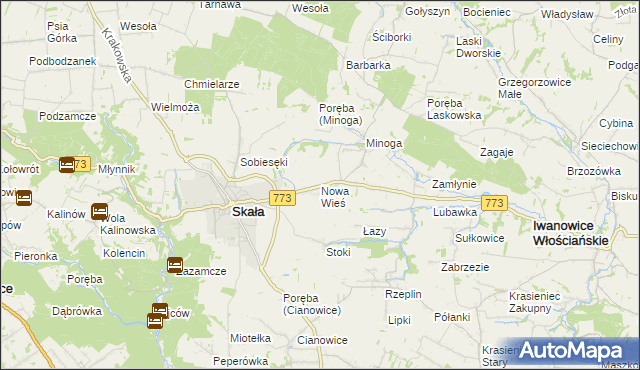 mapa Nowa Wieś gmina Skała, Nowa Wieś gmina Skała na mapie Targeo