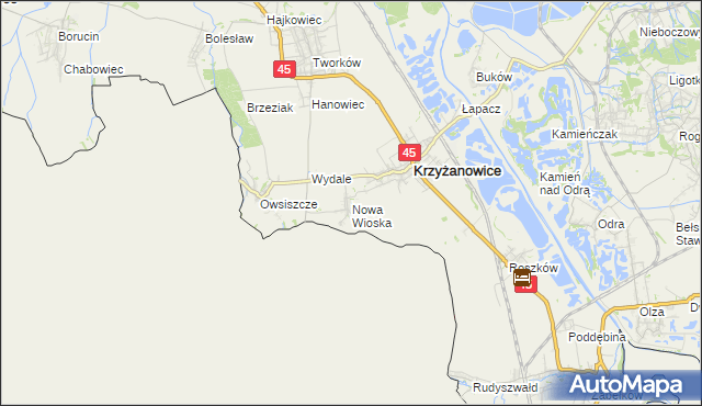 mapa Nowa Wioska gmina Krzyżanowice, Nowa Wioska gmina Krzyżanowice na mapie Targeo