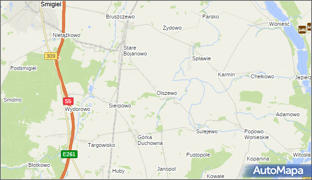 mapa Olszewo gmina Śmigiel, Olszewo gmina Śmigiel na mapie Targeo