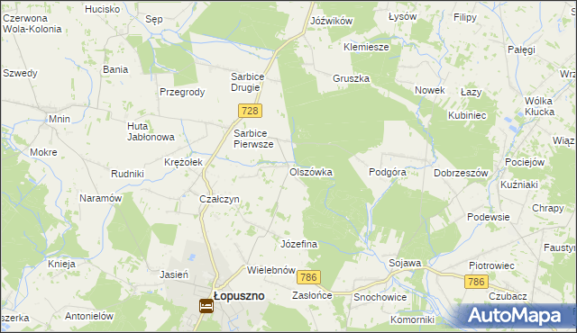 mapa Olszówka gmina Łopuszno, Olszówka gmina Łopuszno na mapie Targeo