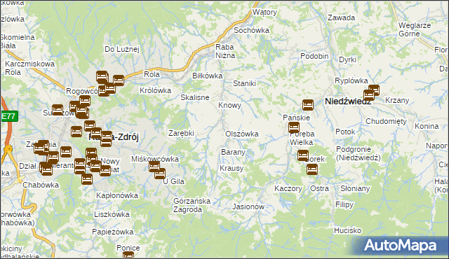 mapa Olszówka gmina Mszana Dolna, Olszówka gmina Mszana Dolna na mapie Targeo