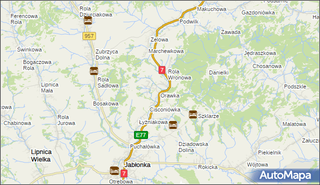 mapa Orawka gmina Jabłonka, Orawka gmina Jabłonka na mapie Targeo