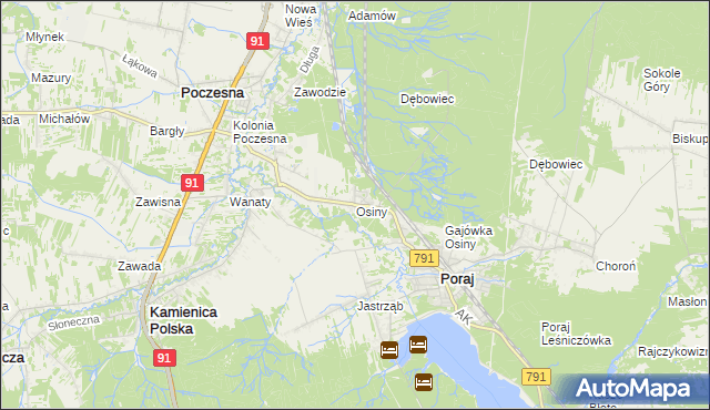 mapa Osiny gmina Kamienica Polska, Osiny gmina Kamienica Polska na mapie Targeo