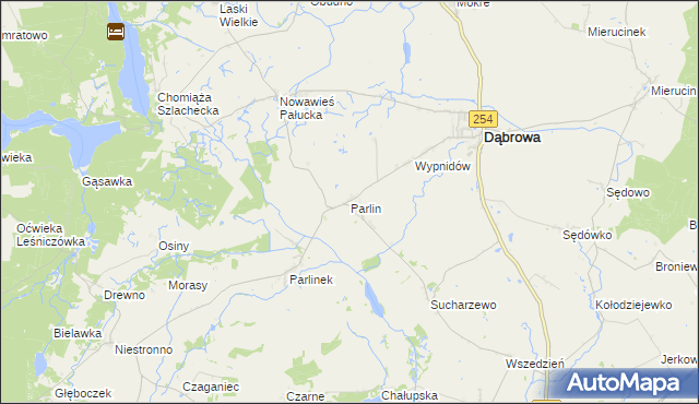 mapa Parlin gmina Dąbrowa, Parlin gmina Dąbrowa na mapie Targeo