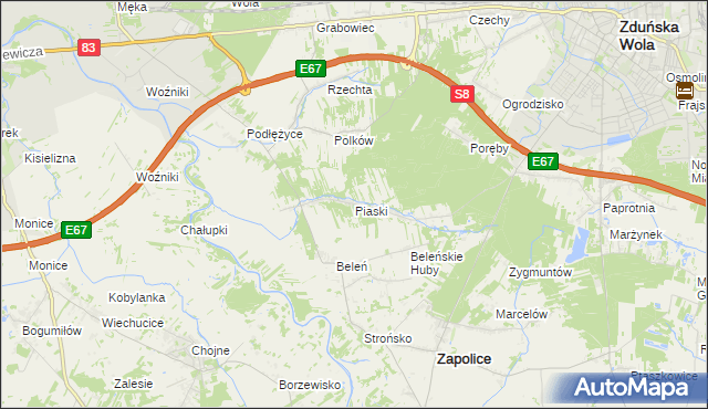 mapa Piaski gmina Zduńska Wola, Piaski gmina Zduńska Wola na mapie Targeo