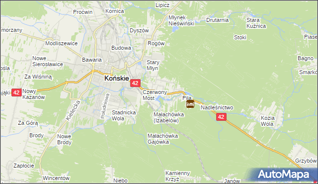 mapa Pomyków gmina Końskie, Pomyków gmina Końskie na mapie Targeo