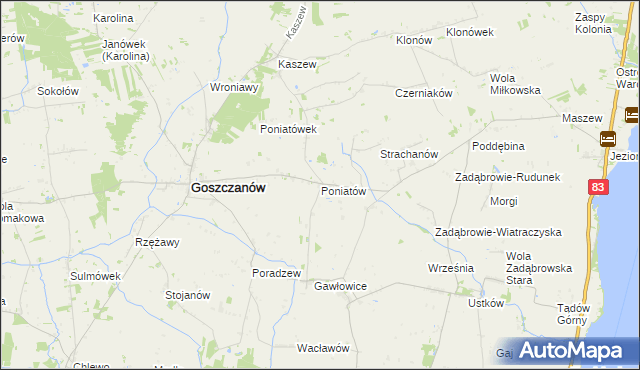 mapa Poniatów gmina Goszczanów, Poniatów gmina Goszczanów na mapie Targeo