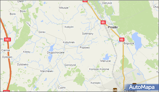 mapa Popowo gmina Prostki, Popowo gmina Prostki na mapie Targeo