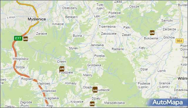 mapa Poręba gmina Myślenice, Poręba gmina Myślenice na mapie Targeo