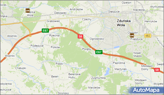 mapa Poręby gmina Zduńska Wola, Poręby gmina Zduńska Wola na mapie Targeo