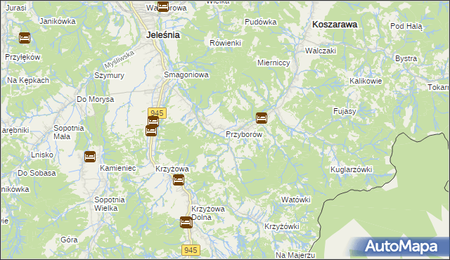 mapa Przyborów gmina Jeleśnia, Przyborów gmina Jeleśnia na mapie Targeo