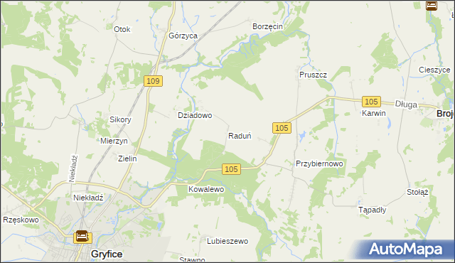 mapa Raduń gmina Gryfice, Raduń gmina Gryfice na mapie Targeo