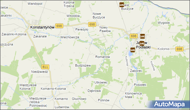 mapa Romanów gmina Janów Podlaski, Romanów gmina Janów Podlaski na mapie Targeo