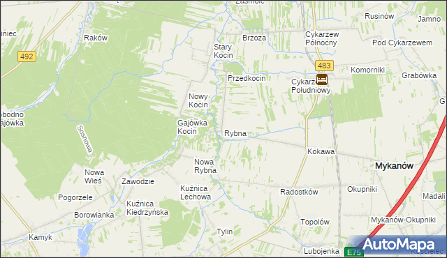 mapa Rybna gmina Mykanów, Rybna gmina Mykanów na mapie Targeo