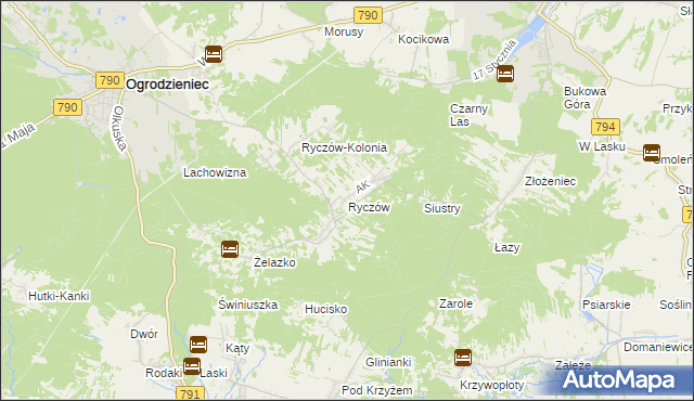 mapa Ryczów gmina Ogrodzieniec, Ryczów gmina Ogrodzieniec na mapie Targeo