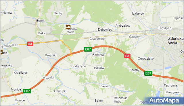 mapa Rzechta gmina Sieradz, Rzechta gmina Sieradz na mapie Targeo