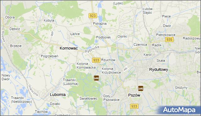 mapa Rzuchów gmina Kornowac, Rzuchów gmina Kornowac na mapie Targeo