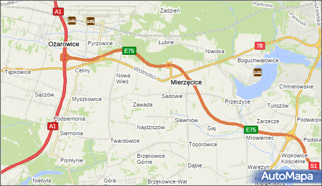 mapa Sadowie gmina Mierzęcice, Sadowie gmina Mierzęcice na mapie Targeo
