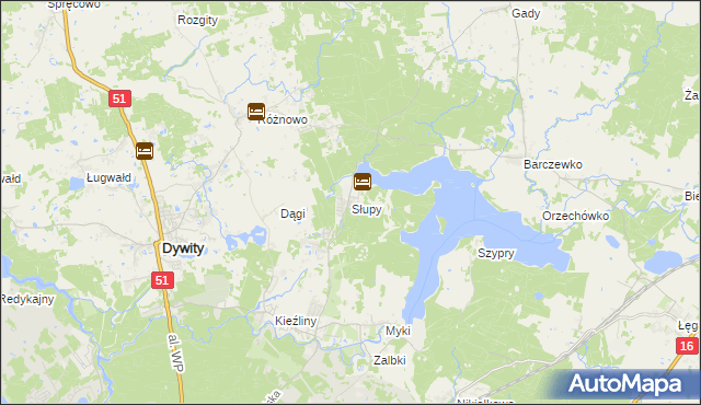 mapa Słupy gmina Dywity, Słupy gmina Dywity na mapie Targeo