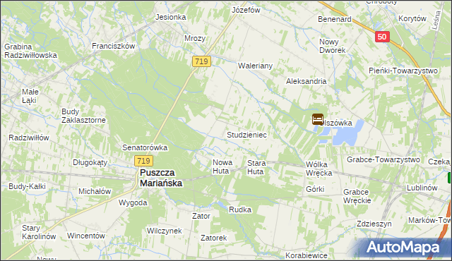 mapa Studzieniec gmina Puszcza Mariańska, Studzieniec gmina Puszcza Mariańska na mapie Targeo