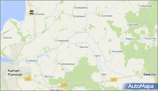 mapa Świniec gmina Kamień Pomorski, Świniec gmina Kamień Pomorski na mapie Targeo
