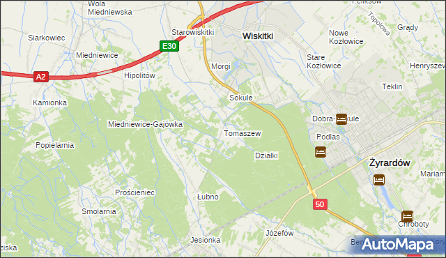 mapa Tomaszew gmina Wiskitki, Tomaszew gmina Wiskitki na mapie Targeo