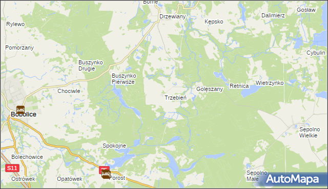 mapa Trzebień gmina Bobolice, Trzebień gmina Bobolice na mapie Targeo