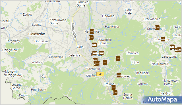 mapa Ustroń powiat cieszyński, Ustroń powiat cieszyński na mapie Targeo