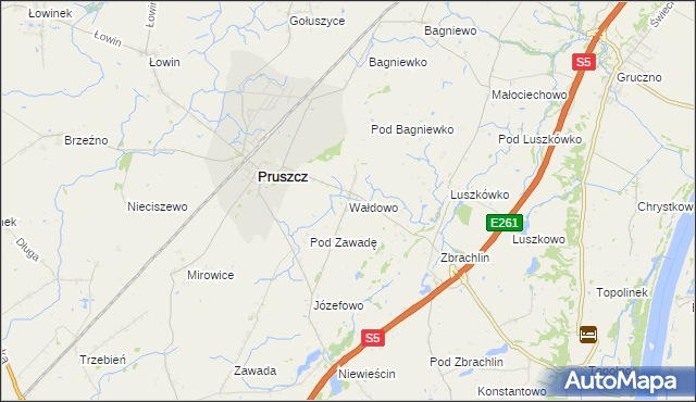 mapa Wałdowo gmina Pruszcz, Wałdowo gmina Pruszcz na mapie Targeo