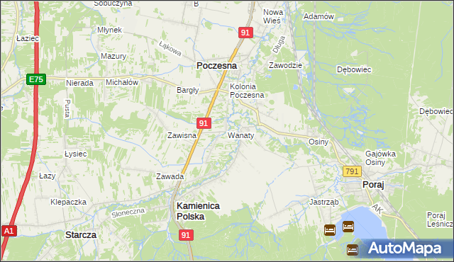 mapa Wanaty gmina Kamienica Polska, Wanaty gmina Kamienica Polska na mapie Targeo