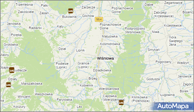 mapa Wiśniowa powiat myślenicki, Wiśniowa powiat myślenicki na mapie Targeo